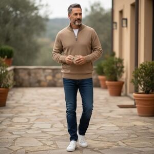 Martin 100% Italian Merino‎ Wool Half Zip Sweater Tan XL Luxury Golf Knit EUC